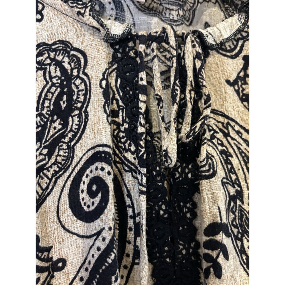 Knox Rose Women's XXL Paisley Boho Blouse Beige Black Long Sleeve Crochet Trim - Picture 7 of 8